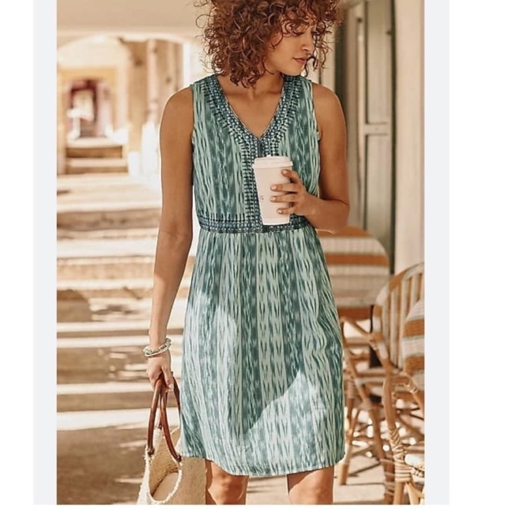 J.Jill Ikat Green White Sleeveless Sheath Dress MT